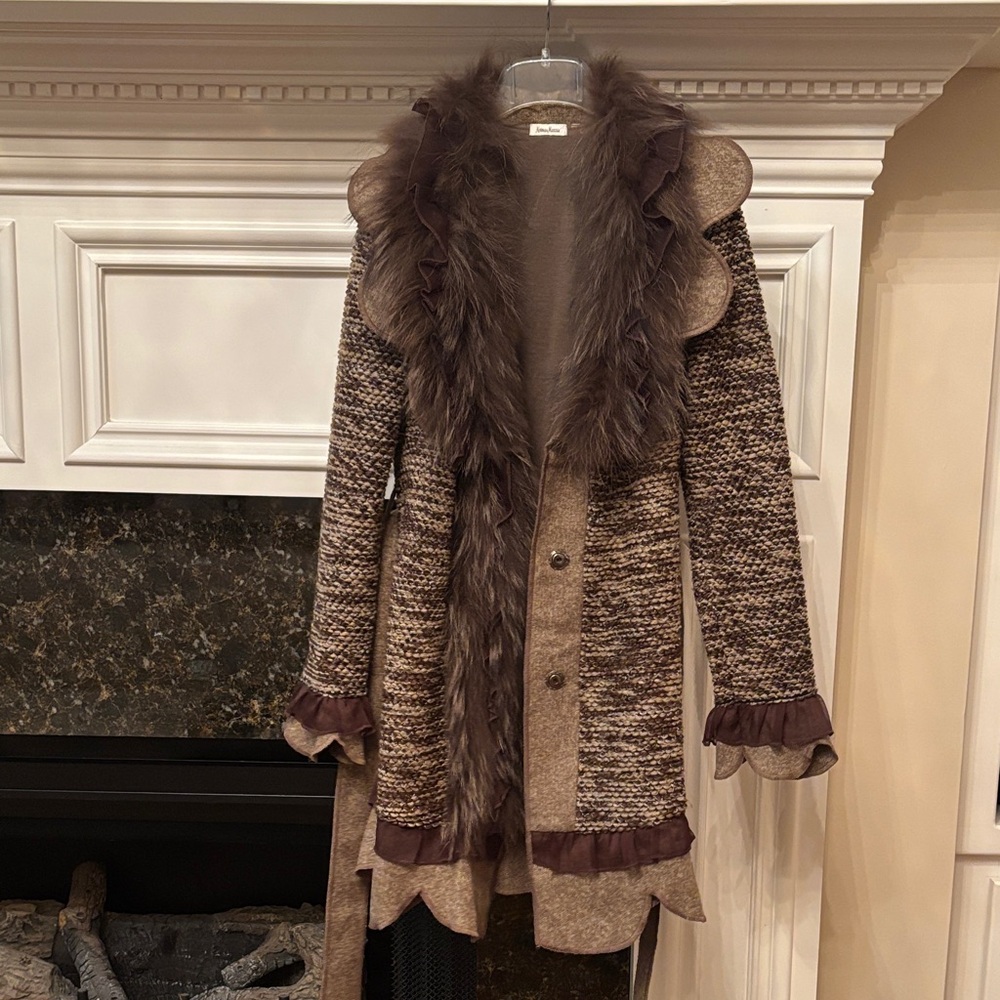 Newman Marcus Genuine Raccoon Fur Chiffon trim belted knit coat cardigan sz.XS